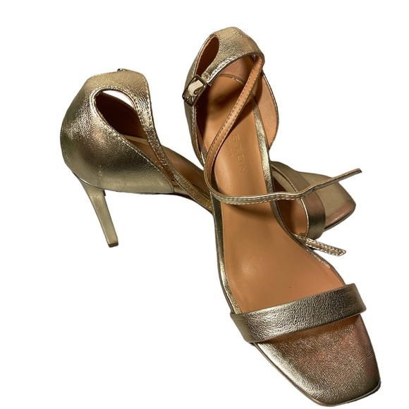 Halston Heritage Single Strap Leather Gold Heels Size 7.5 - Picture 2 of 5